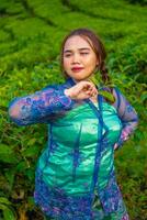 a tea garden farmer is posing beautifully in the middle of green tea leaves photo