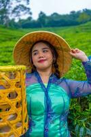 an Asian farmer holding a bamboo basket with a cheerful smiling face photo