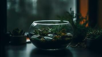 un conjunto de suculento terrario en un pequeño redondo acuario vaso transparente acuario. ai generado foto