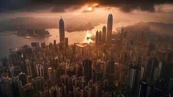 Beautiful metropolitan city skyscraper high rise building in the evening sunset cloudy sky, busy life, aerial view, city landscape. AI Generated photo