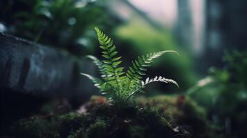 salvaje verde helecho crecer alrededor el casa patio interior jardín. ai generado foto