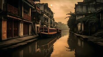 City skyline reflected on canal at bright night, with oriental asian architectural structures and nautical vessel. AI Generated photo