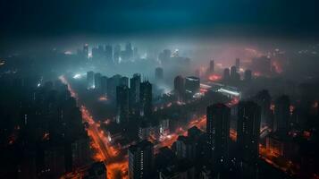 Beautiful metropolitan city skyscraper high rise building in the night sky busy night life, misty foggy city landscape. AI Generated photo