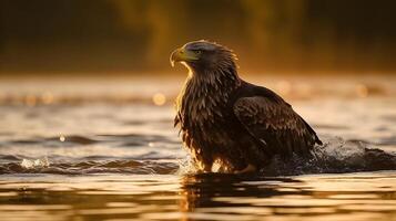 Golden eagle Aquila chrysaetos standing in the shallow water in the river. AI Generated photo