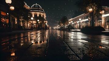 un oscuro noche ciudad mojado calle y la carretera con un lote de noche lámpara y calle lámpara a el centro. ai generado foto
