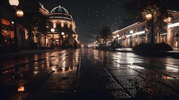 A dark night city wet street and road with a lot of night lamp and street lamp at the downtown. photo