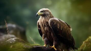 Golden eagle Aquila chrysaetos standing in the rock with nature background. AI Generated photo