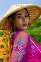 an Asian farmer in a pink dress holding a bamboo basket while working on a tea plantation photo