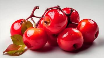 Macro shot close up perfect shiny group of red berries with some water drops isolated on white background. AI Generated photo