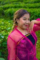 an Asian woman in a traditional pink costume is standing very elegantly in a tea plantation photo