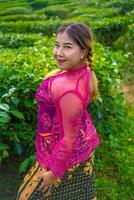 an Asian woman in a pink costume is posing in front of a tea plantation photo