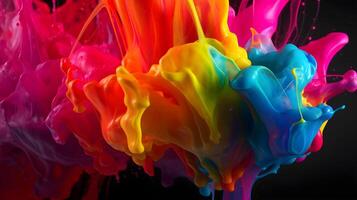 Abstract liquid color explosion colorful artistic yellow blue purple red orange splashing splatter in the air black background. AI Generated photo