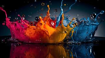 Abstract liquid color explosion colorful artistic yellow blue purple red orange splashing splatter drop at ground black background reflective. AI Generated photo