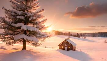 Landscape of winter snowy field with large pine tree and a house in the morning with clear cloudy sky and forest at the horizon. photo