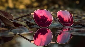 Fancy trendy modest purple color reflective lens man or woman fashionable attractive sun glasses at the beach, lost and found concept, missing person concept, drown, vacation concept. photo