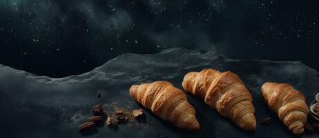 Breakfast with croissant on stone background photo