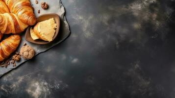 Breakfast with croissant on stone background photo