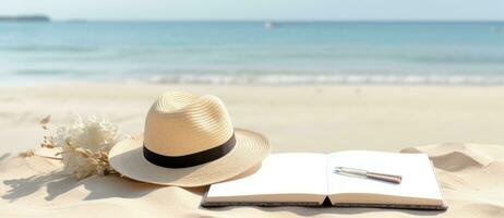 Open book and hat on the beach photo