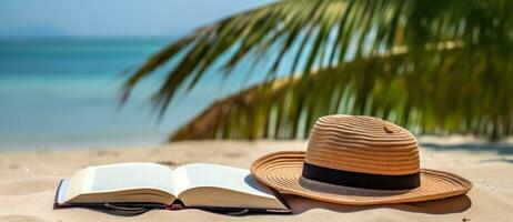 Open book and hat on the beach photo