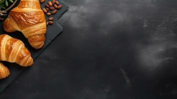 Breakfast with croissant on stone background photo