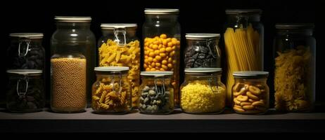 A collection of jars is shown with various pastas in them photo