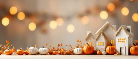 Golden Halloween background with pumpkins photo