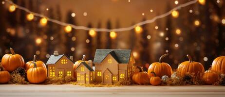 Golden Halloween background with pumpkins photo