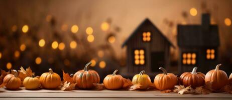 Golden Halloween background with pumpkins photo