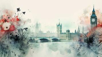 Watercolor thin black outline flowers in the foreground against a faded misty background of London photo