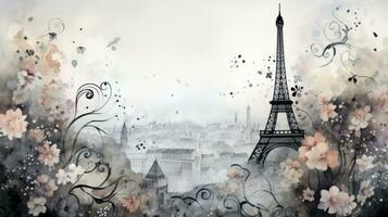 Watercolor thin black outline flowers in the foreground against a faded misty background of Paris photo