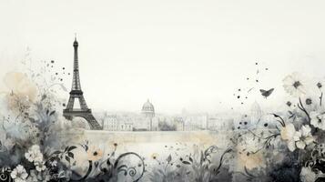 Watercolor thin black outline flowers in the foreground against a faded misty background of Paris photo