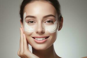 Woman smiling while applying moisturizing cream photo