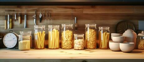 A collection of jars is shown with various pastas in them photo