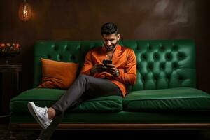 Man sitting on couch using smart phone photo