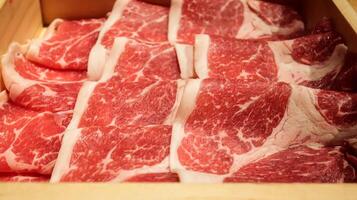 Fresh raw beef slices meat for Japanese food shabu shabu or yakiniku barbeque. Slice of high quality wagyu meat. photo