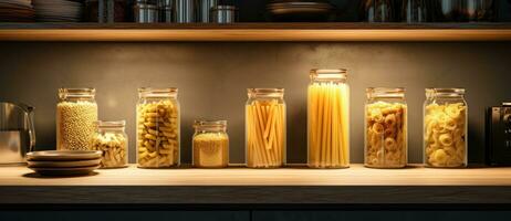 A collection of jars is shown with various pastas in them photo