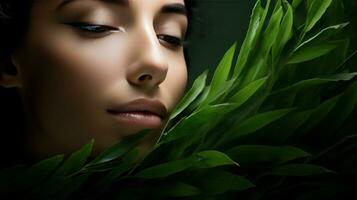 Beautiful girl with tropical leaves photo