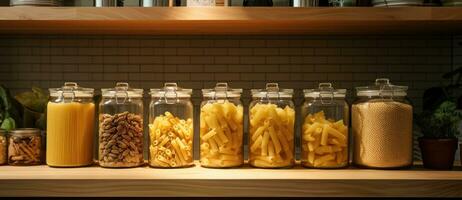 A collection of jars is shown with various pastas in them photo