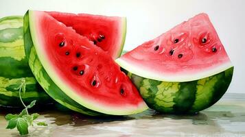 Watermelon is red and pink on a white background. Watercolor illustration of ripe watermelons. photo