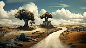Empty country road. White fluffy clouds in the blue sky. Fairytale house. The road goes the distance. Fantastic landscape. photo