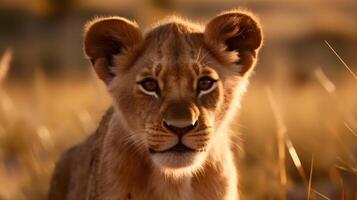 Close up portrait young lion or baby lion, stare or looking at the camera at the savannah desert background. photo
