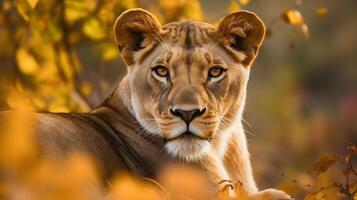 cerca arriba retrato feroz carnívoro hembra león, mirar fijamente o mirando a el cámara a el sabana Desierto antecedentes. ai generado foto