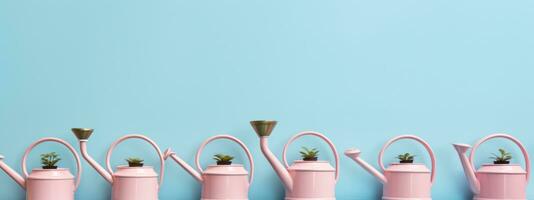 Watercing cans with plants in a row photo