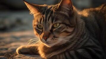 A portrait of grey stripe domestic pet house cat with yellow eyes chill and relaxed sit on the ground with blur background. photo