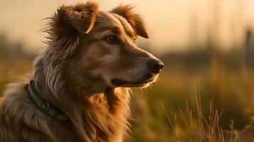 Close up photo of brown basque shepherd dog sit and look straight forward with nature background.  AI Generated