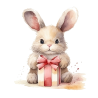 Cute watercolor bunny with gift box png