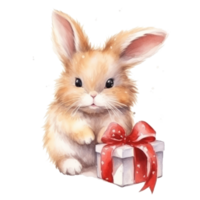 Cute watercolor bunny with gift box png