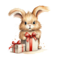 Cute watercolor bunny with gift box png