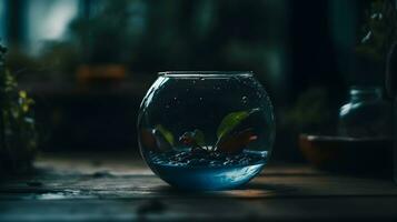 A plant in a small terrarium round aquarium glass. AI Generated photo