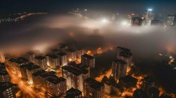 Beautiful metropolitan city skyscraper high rise building in the night misty foggy environment, busy night life, illuminate light, aerial view, city landscape. AI Generated photo